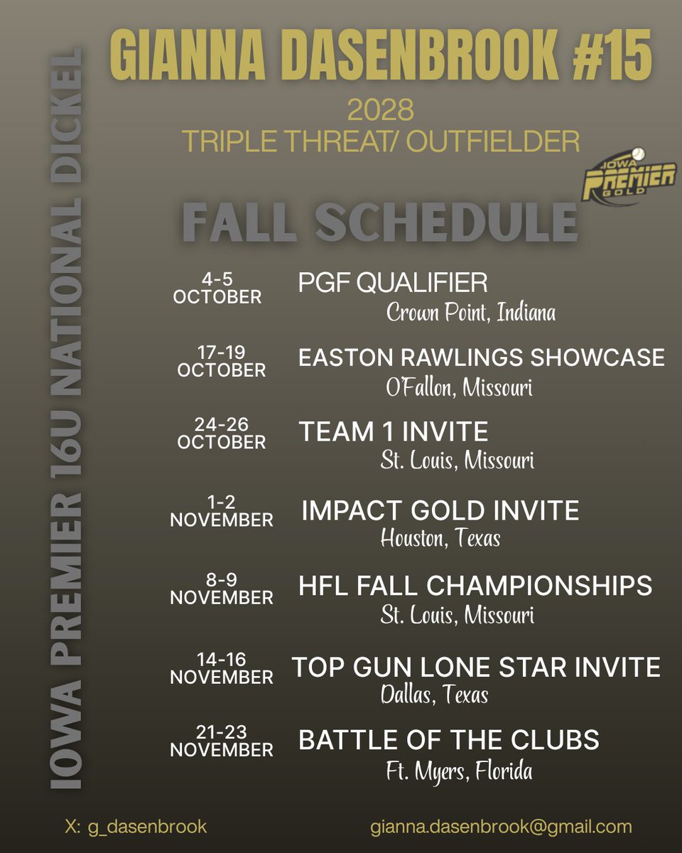 Gianna Dasenbrook 2028, #15 (@g_dasenbrook) on Twitter photo Fall schedule drop ⬇️ Ready to compete with <a href="/IowaPremierFP/">Iowa Premier Fastpitch</a> this weekend 💛🖤 <a href="/PaigeShannonIPF/">Paige Shannon</a> <a href="/OliviaHPaz1997/">Olivia Paz</a> <a href="/BBHBeesSoftball/">Brecksville-Broadview Heights HS Softball</a> <a href="/ExtraInningSB/">EXTRA INNING SOFTBALL</a> <a href="/LineDsoftball/">Line Drive Media</a> <a href="/SoftbalAmerica/">Softball America</a> <a href="/Sports_Recruits/">SportsRecruits</a> <a href="/PGFnetwork/">PGF</a> <a href="/DiamondAddicts/">Diamond Addicts</a> Fall schedule drop ⬇️ Ready to compete with <a href="/IowaPremierFP/">Iowa Premier Fastpitch</a> this weekend 💛🖤 <a href="/PaigeShannonIPF/">Paige Shannon</a> <a href="/OliviaHPaz1997/">Olivia Paz</a> <a href="/BBHBeesSoftball/">Brecksville-Broadview Heights HS Softball</a> <a href="/ExtraInningSB/">EXTRA INNING SOFTBALL</a> <a href="/LineDsoftball/">Line Drive Media</a> <a href="/SoftbalAmerica/">Softball America</a> <a href="/Sports_Recruits/">SportsRecruits</a> <a href="/PGFnetwork/">PGF</a> <a href="/DiamondAddicts/">Diamond Addicts</a>