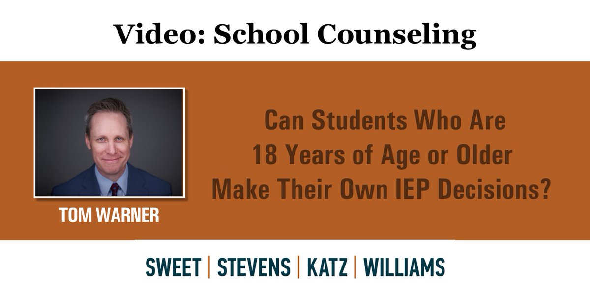 Does age of maturity = age of authority?
In our latest “School Counseling” video, partner Tom Warner discusses whether turning 18 enables a student the ability to make decisions or an IEP: sweetstevens.com/newsroom/schoo…

#Pennsylvania #School #Education #Law #IEP #AgeofMajority #IDEA