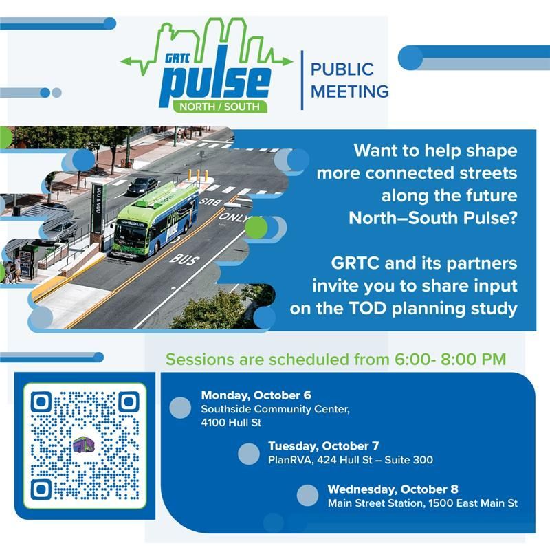 GRTCPulse's tweet image. 📅 Join us at an upcoming public meeting (all from 6–8 PM):
👉Mon, Oct 6 – Southside Community Services Center (4100 Hull St.)
👉Tue, Oct 7 – PlanRVA (424 Hull St., Suite 300)
👉Wed, Oct 8 – Main Street Station (1500 E Main St.)
More Details 👉 buff.ly/YFEOTDh