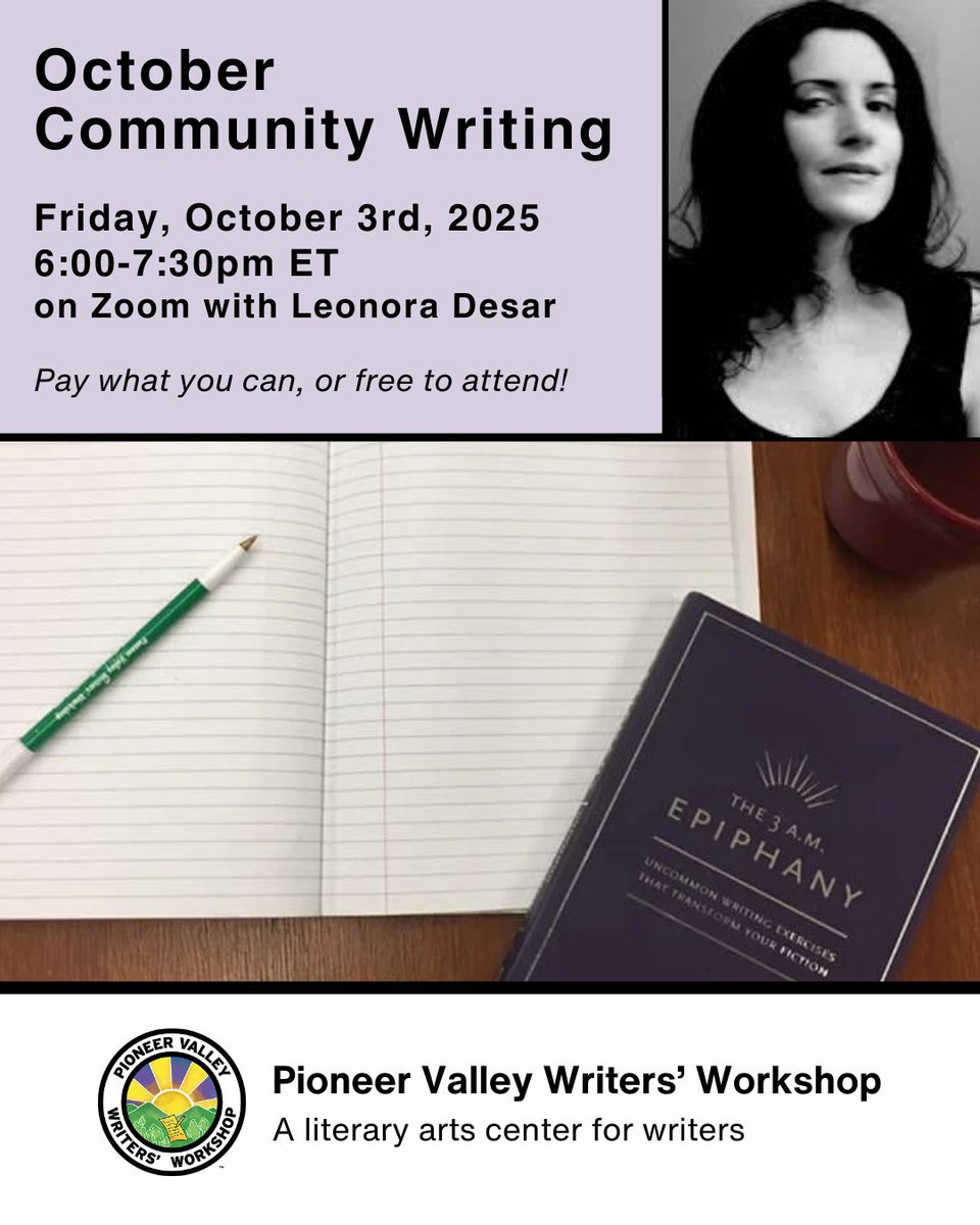 Tomorrow! Start the weekend with some dedicated creative time at our monthly Community Writing, led by Leonora Desar! Free to attend, or pay what you can to participate - sign up to receive the Zoom link here: pioneervalleywriters.org/event-details/…