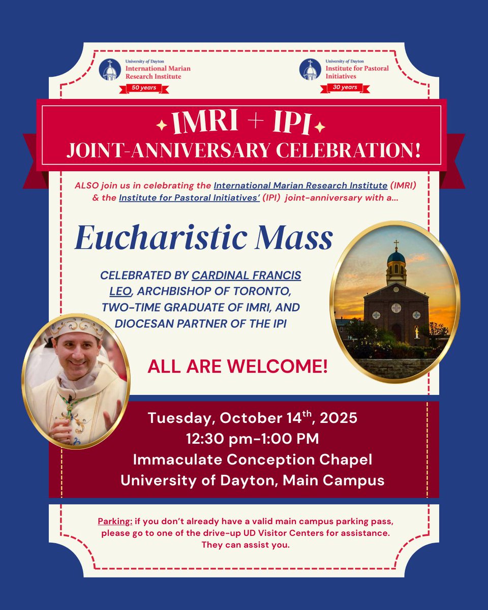 Cardinal Francis Leo (Archbishop of <a href="/archtoronto/">Archdiocese of Toronto</a> , our Diocesan Partner, and two-time graduate of UD IMRI) will also celebrate Mass with us at the <a href="/univofdayton/">University of Dayton</a> Chapel of the Immaculate Conception! All are welcome! 🙏 #UniversityofDayton #UD #Marianist #Faith