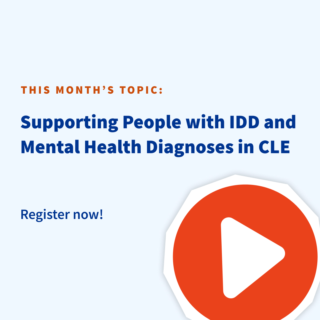 📢 Join us Oct. 15 at 1:30pm ET for the next 30-Minute Lunch Break Webinar with CLE in Action!
Julie Lago shares strategies for supporting people with IDD + mental health needs.

🔗 tinyurl.com/4e2cxsbr

<a href="/ICInclusion/">Community Inclusion</a> <a href="/TheRealANCOR/">ANCOR</a>

#CommunityLifeEngagement #DisabilityInclusion