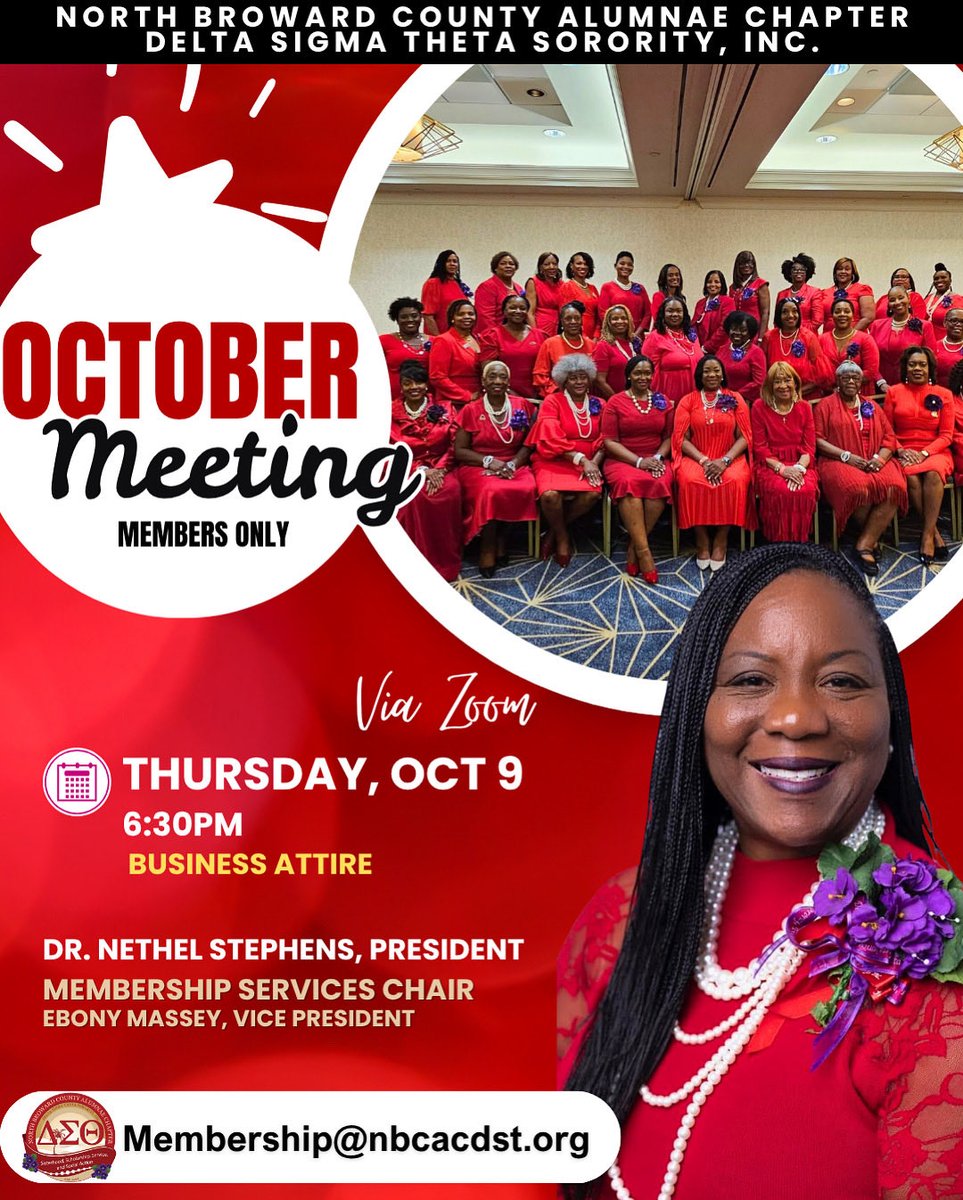 nbcacdeltas's tweet photo. 📢 Sorors, please note the change:
Our October Chapter Meeting will now be held on Thursday, Oct. 9 at 6:30 PM via Zoom. Business attire required. Members only.

💌 Questions? → Membership@nbcacdst.org
#DST1913 #SisterhoodInAction https://t.co/81phxfAwNF