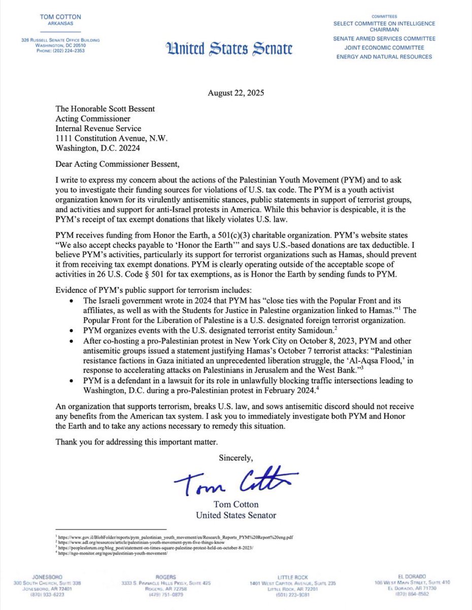 NEW:

Senator <a href="/SenTomCotton/">Tom Cotton</a>’s office tells me this morning that they still have not received a reply back from the IRS and acting IRS Director <a href="/SecScottBessent/">Treasury Secretary Scott Bessent</a> after writing to him about the 501c3 status of several Islamic terror tied groups in the US that are operating with a