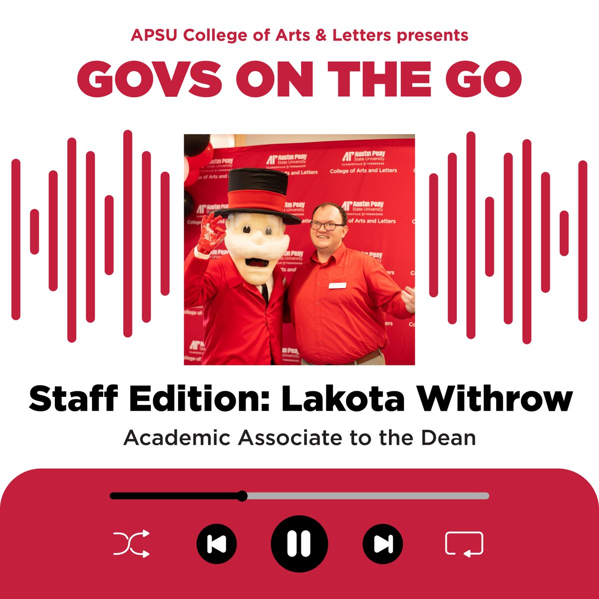 The Govs on the Go podcast is launching a new series with the staff of Arts &amp; Letters! Give it a listen to hear from the people that work behind the scenes. Our first guest is Lakota Withrow, Academic Associate to the Dean!

➡️ apsu.edu/coal/podcast