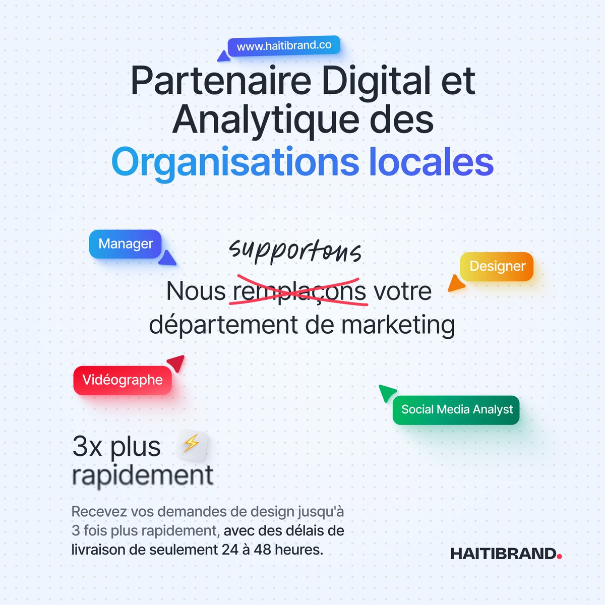 Pourquoi embaucher 4 personnes quand vous pouvez avoir toute une équipe marketing pour moins cher ?

HaitiBrand devient votre département marketing externe, avec des délais de livraison de 24 à 48 heures.

Voir le plan qui vous convient : haitibrand.co/contact