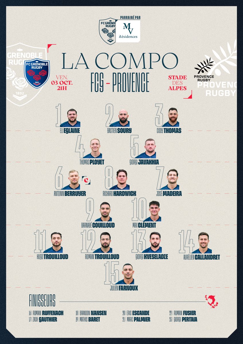 FCGrugby's tweet photo. ❤️🔥 MV Résidences vous présente la compo’ du FCG pour sa sixième journée de championnat, à domicile, face à Provence Rugby !
👉 Retour de blessure pour Romain Fusier et Zack Gauthier !
https://t.co/6fTHCSqxJW
#FCGPR #AllezFCG 🔴🔵 https://t.co/UVzFxvwqA8