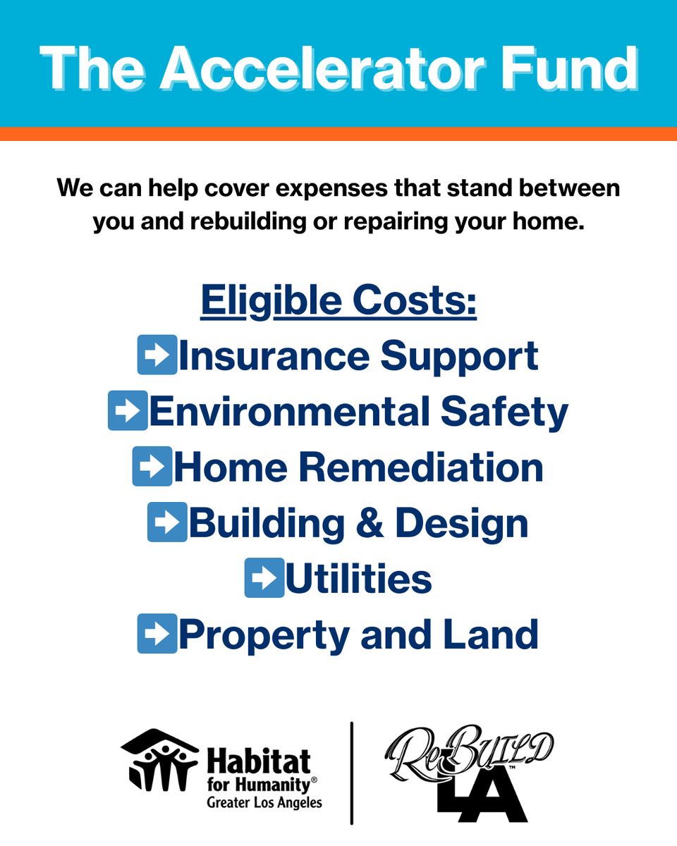HabitatLA's tweet photo. #Wildfire survivors mentioned they needed support with insurance, environmental safety, smoke remediations & more. The #AcceleratorFund supports these needs up to $10K!
Learn more about the fund here: https://t.co/J7DSbwrh9r
#Eaton #PacificPalisades #NewProgram #ReBUILDLA https://t.co/ReDv2P5FlO