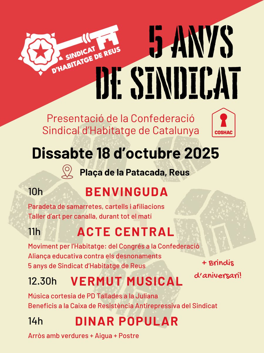 ♦️ 5 ANYS DE SINDICAT!!! 🥳🎂
🔜18 oct - Pl. Patacada
Guardeu-vos la data i veniu a bufar espelmes i brindar per 5 anys de lluita!

Una jornada de celebració per fer balanç del recorregut del Sindicat i els reptes d'avui pel moviment per l'habitatge. I també algunes sorpreses! 🎁