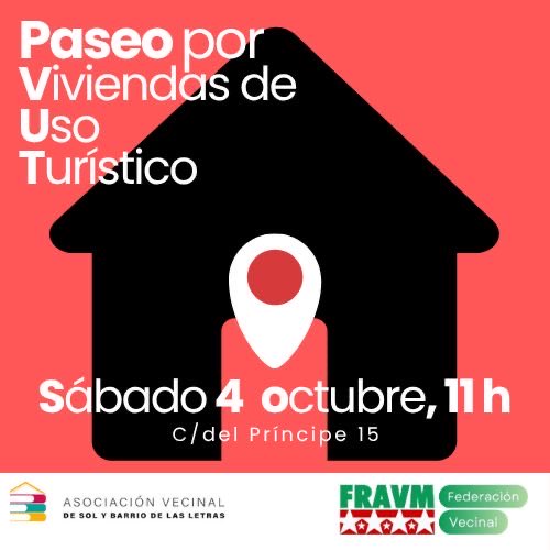 🔥 📣Este sábado 4 de octubre a las 11h tomamos las calles 📍 Nos vemos en C/ Príncipe 15
🚶‍♀️ Salimos en paseo de denuncia contra los pisos turísticos y el destrozo que están causando en nuestros barrios.
¡Súmate! 💪🏘️ #StopPisosTurísticos #DefiendeTuBarrio