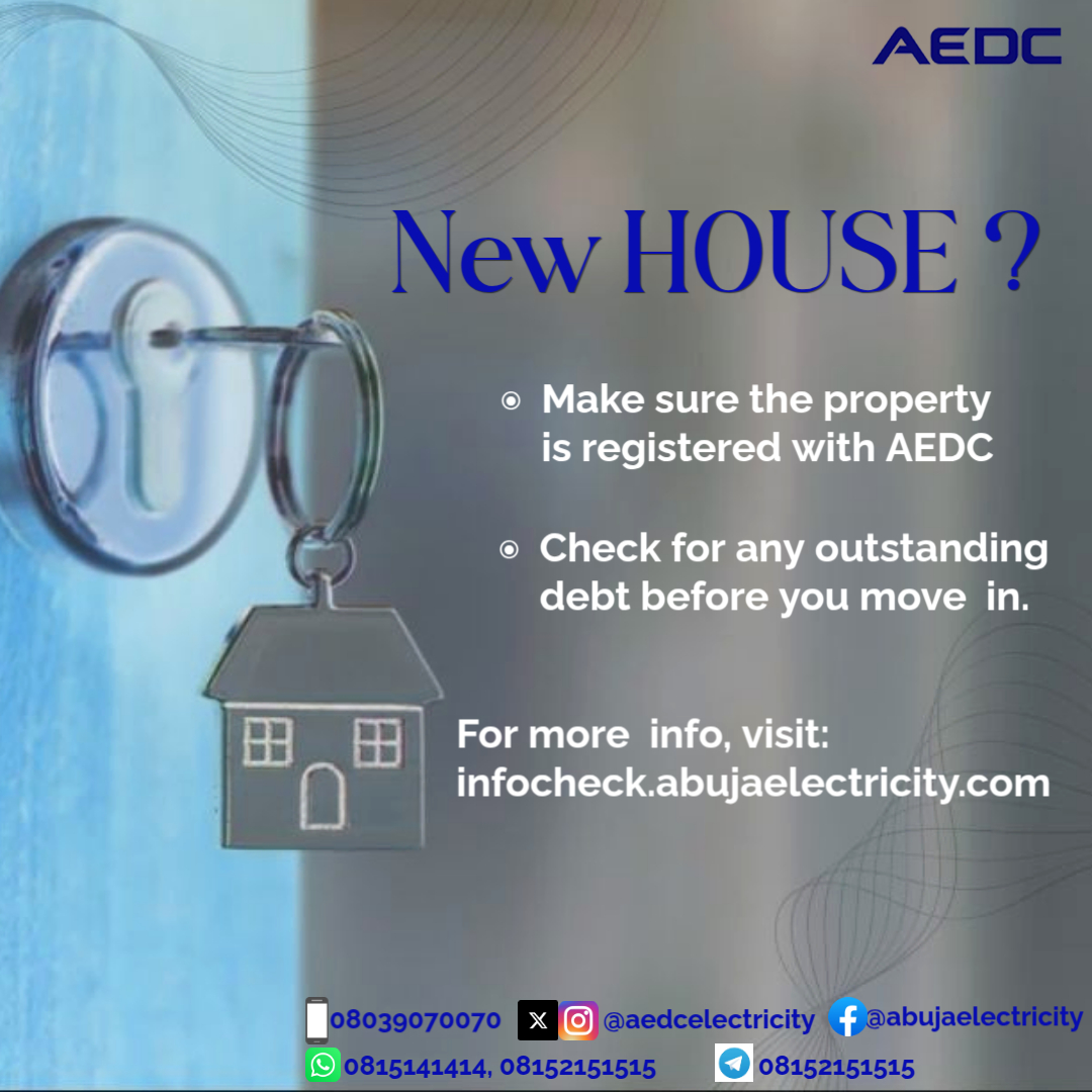 aedcelectricity's tweet photo. Do not move into a new property with old electricity.
Check the electricity status at https://t.co/wggfVYTAfK
#Infocheck
#ElectricityStatus
#PowerofCommitment https://t.co/loajqadQ9m