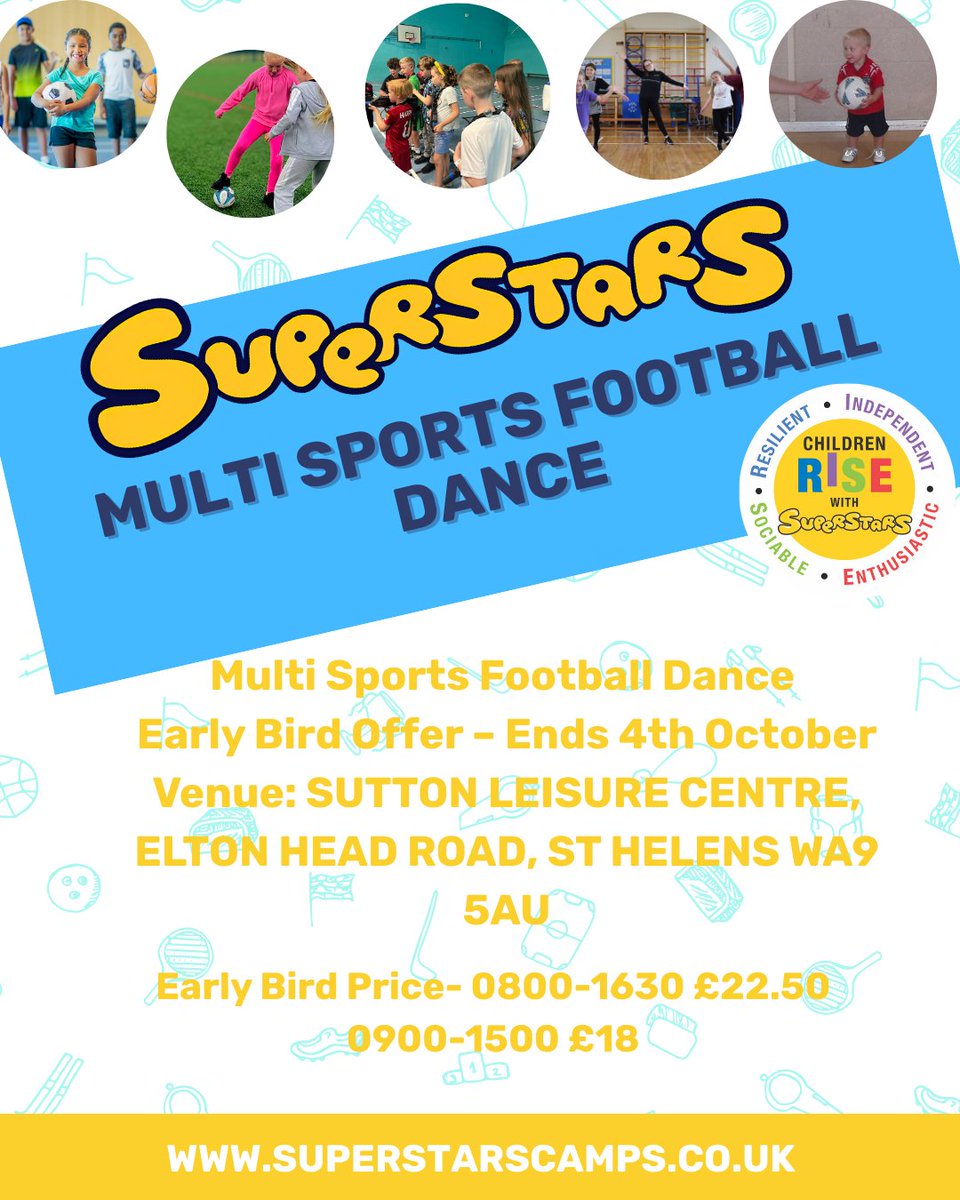 Superstars Holiday Clubs (@louiselssc) on Twitter photo β½π Superstars Camps are back at Sutton Leisure Centre, St Helens!
π₯ Early Bird (ends 4 Oct):
08:00β16:30 Β£22.50 | 09:00β15:00 Β£18
Normal: Β£25 / Β£20
π Book now: bit.ly/4jc2Yy6
π© info@littlesuperstars.co.uk
#holidayclub #football #dance β½π Superstars Camps are back at Sutton Leisure Centre, St Helens!
π₯ Early Bird (ends 4 Oct):
08:00β16:30 Β£22.50 | 09:00β15:00 Β£18
Normal: Β£25 / Β£20
π Book now: bit.ly/4jc2Yy6
π© info@littlesuperstars.co.uk
#holidayclub #football #dance