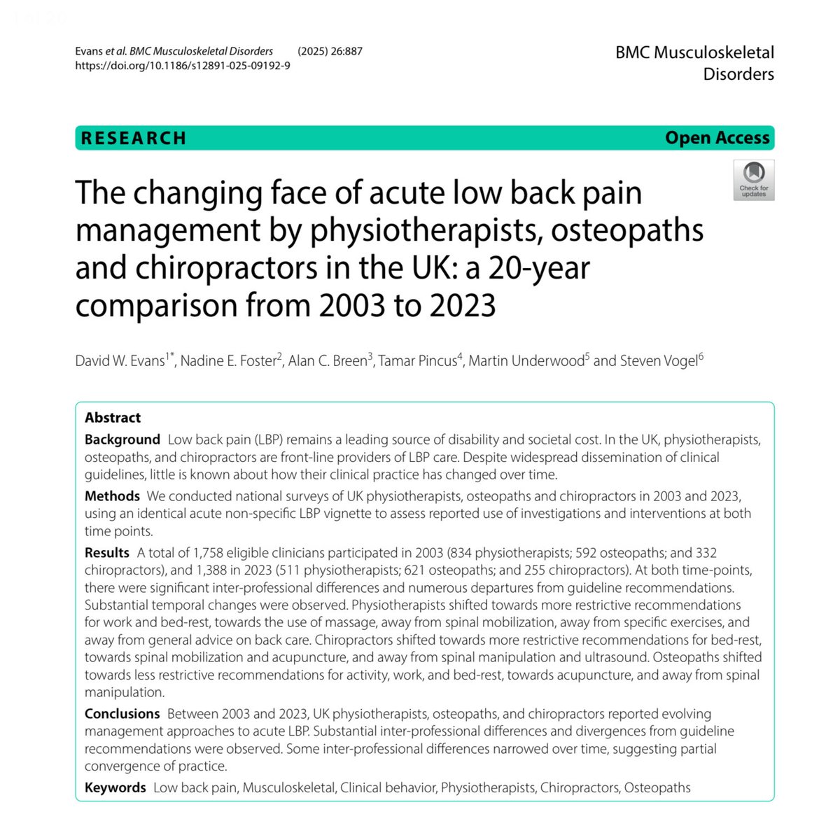 The changing face of acute low back pain management by physiotherapists, osteopaths and chiropractors in the UK: a 20-year comparison from 2003 to 2023

…musculoskeletdisord.biomedcentral.com/articles/10.11…