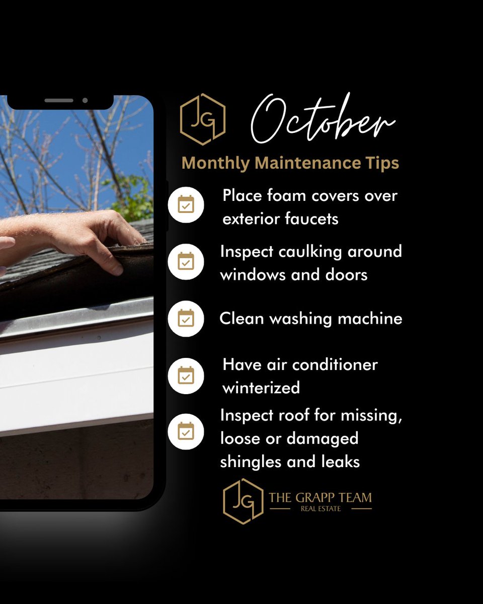 JeffGrapp's tweet image. Home Maintenance Tips - October
.
.
.
.
#JeffGrapp #LaceyGrapp #RealEstate #GrappTeam #realtorlife #SellingHomes #RealEstateCouple #MarriedInRealEstate #HomeCareTips #HouseMaintenance