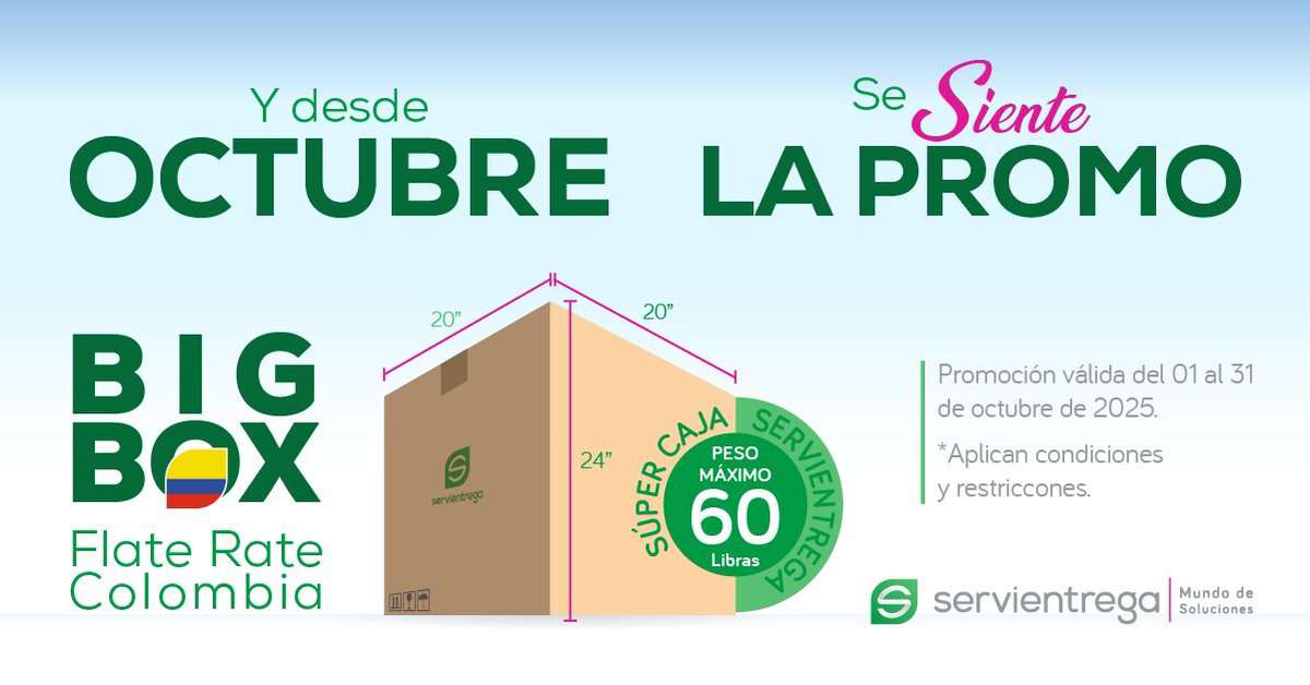 servientregausa's tweet photo. 📦🇨🇴 ¡Ya está aquí!
La Big Box Flat Rate Colombia llegó para que envíes más.
Arma tu súper caja, ahorra y hazla llegar a quiénes amas 💚
Comunícate al:
📞 +1 (786)-331-9001
📞 +57 601 580 7823
#ServientregaUSA #MundoDeSoluciones #BigBox #Colombia #FlatRate #EnvíosColombia https://t.co/pWGn9WOxYU
