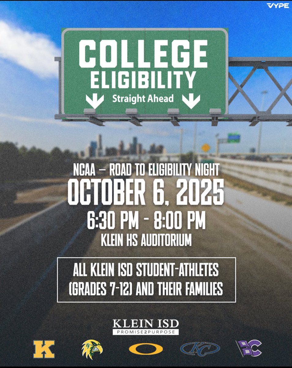 KCTigerFootball's tweet photo. 🚦 The ROAD to COLLEGE starts HERE! 🚦🏈⚽🏀 NCAA Road to Eligibility Night is your blueprint to the next level — don’t miss it!
📅 Oct. 6 | ⏰ 6:30–8:00 PM | 📍 Klein HS Auditorium
💥 All Klein ISD athletes (7–12) + families this is YOUR shot!
 #NextLevel #KleinISD #CollegeBound https://t.co/pvAVx49aBG