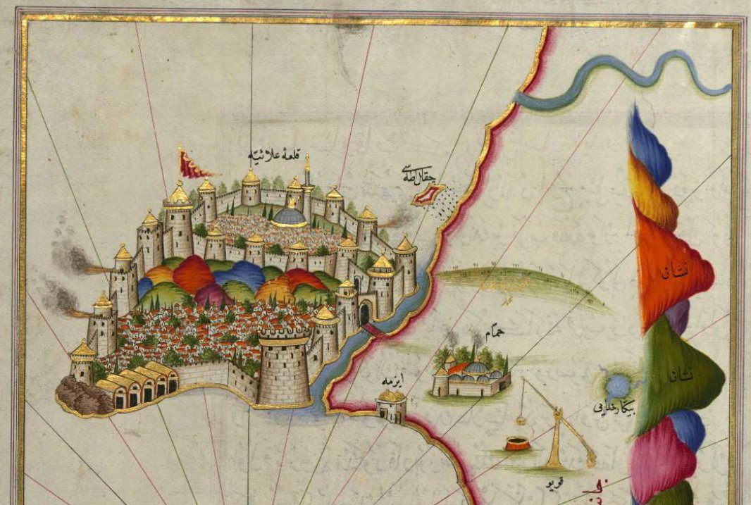 Pîrî Reis'in çizimiyle Kitâb-ı Bahriyye'de Alâiyye yani Alanya Kalesi.