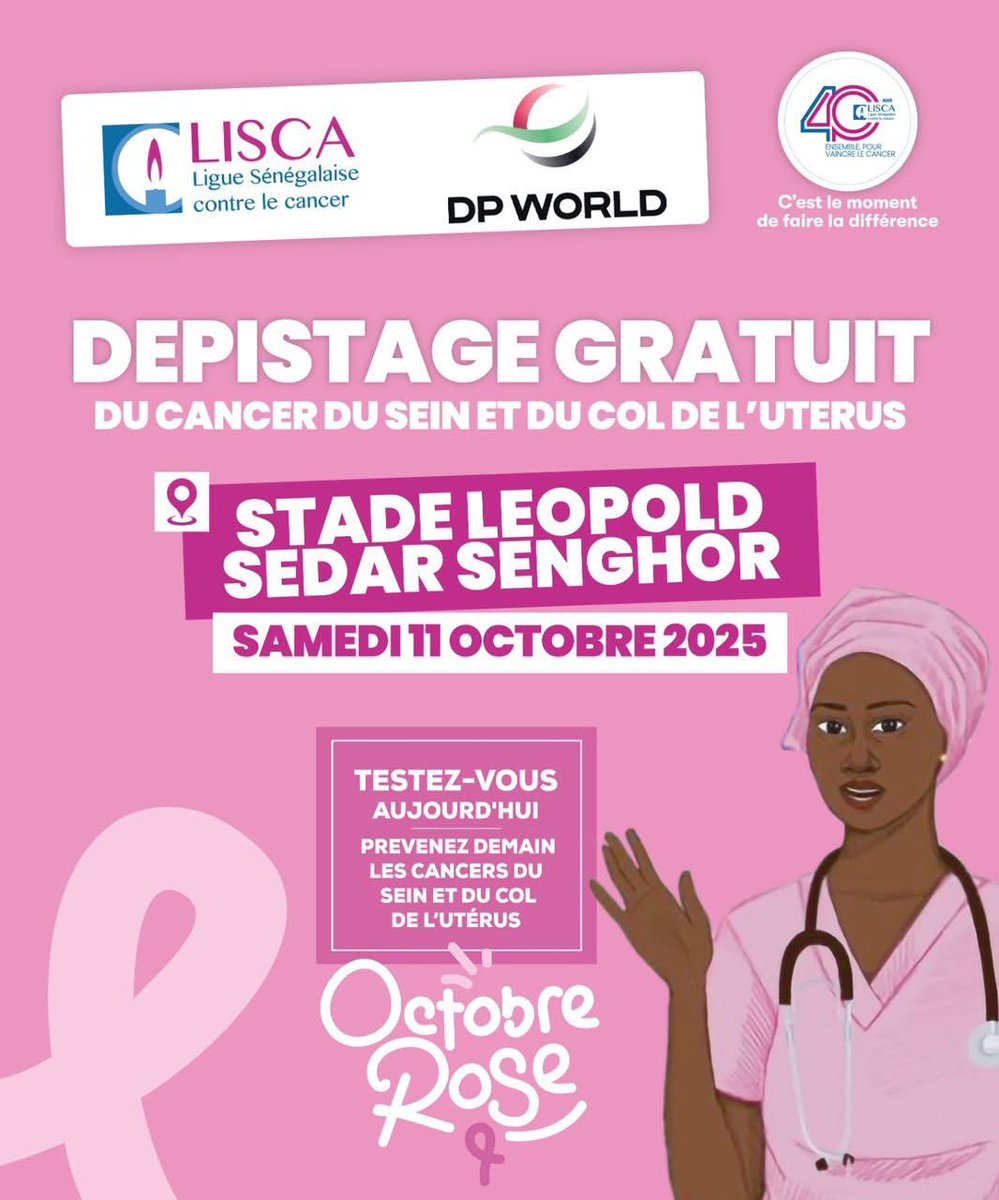 🎀 GRAND DÉPISTAGE GRATUIT 🎀
Cancer du sein &amp; du col de l’utérus
📍 Stade L.S. Senghor – Dakar
📅 Samedi 11 octobre dès 9h

✅ Objectif : 2000 femmes dépistées
👉 Venez avec vos mamans, sœurs, filles, amies !

#OctobreRose2025 #LISCA40ans