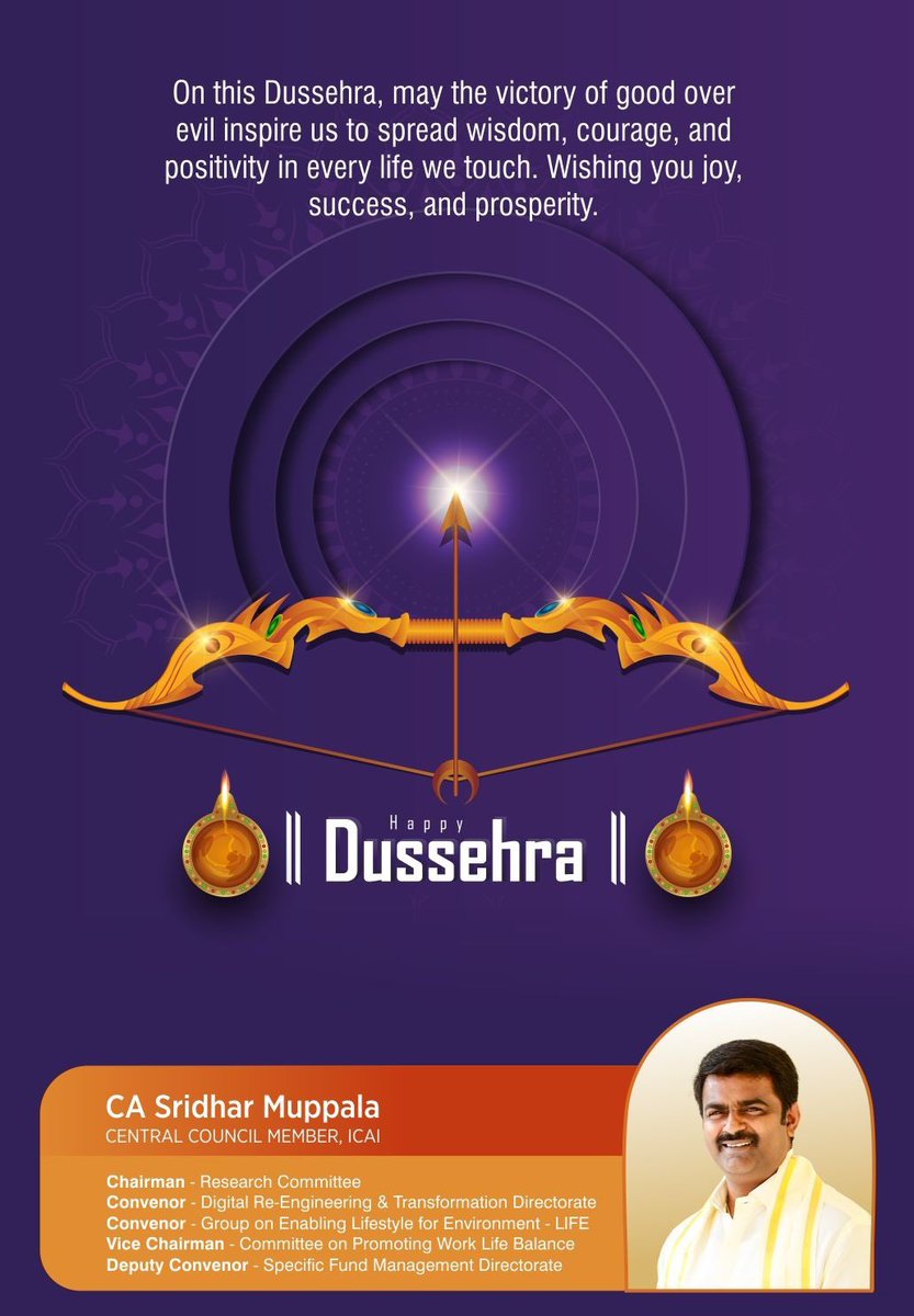 SreedharMuppala's tweet photo. As we celebrate Dussehra, let’s honor the triumph of virtue &amp; the power of light over darkness. May it inspire us to lead with strength, hope &amp; wisdom—uplifting others through knowledge &amp; courage.

Wishing all joy, growth &amp; prosperity. 🌸✨  

#Vijayadashami #GoodOverEvil https://t.co/HBBhtAGEud