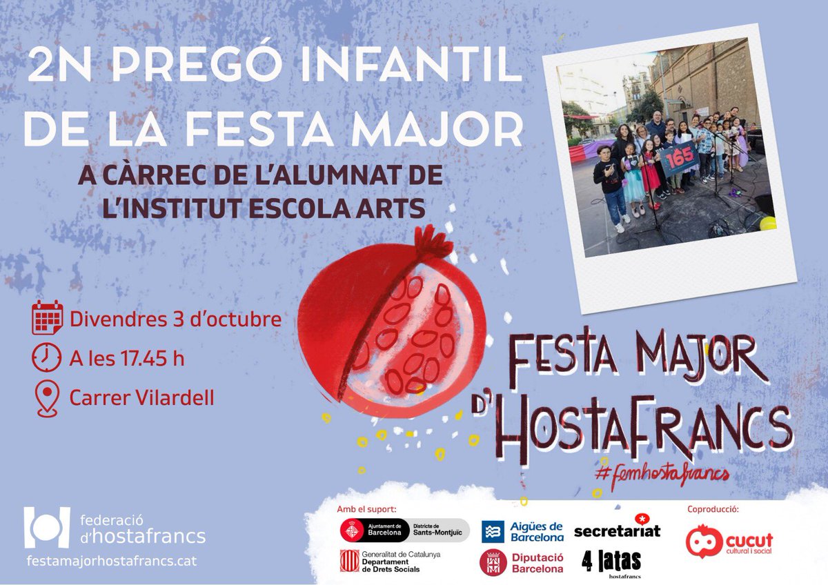 Demà divendres 3 d’octubre, a les 17:45h al carrer Vilardell, 2n Pregó Infantil de la Festa Major d’#Hostafrancs a càrrec de l’alumnat de l’<a href="/IE_ARTS/">ARTS Institut Escola</a>