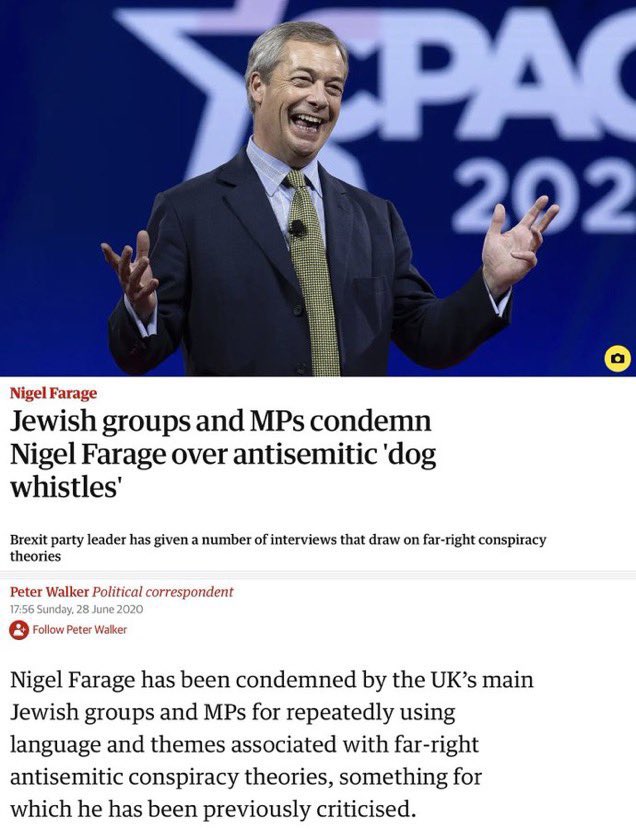<a href="/Nigel_Farage/">Nigel Farage MP</a> I am temporarily unblocking you to let you know that as  a #britishjew from a German family DEPORTEDi utterly reject your comment
You are a known #antisemite
You hate us. Plus you are a deep dyed racist who has incited by your comments, much of the anti refugee violence.

SHVAYG!
