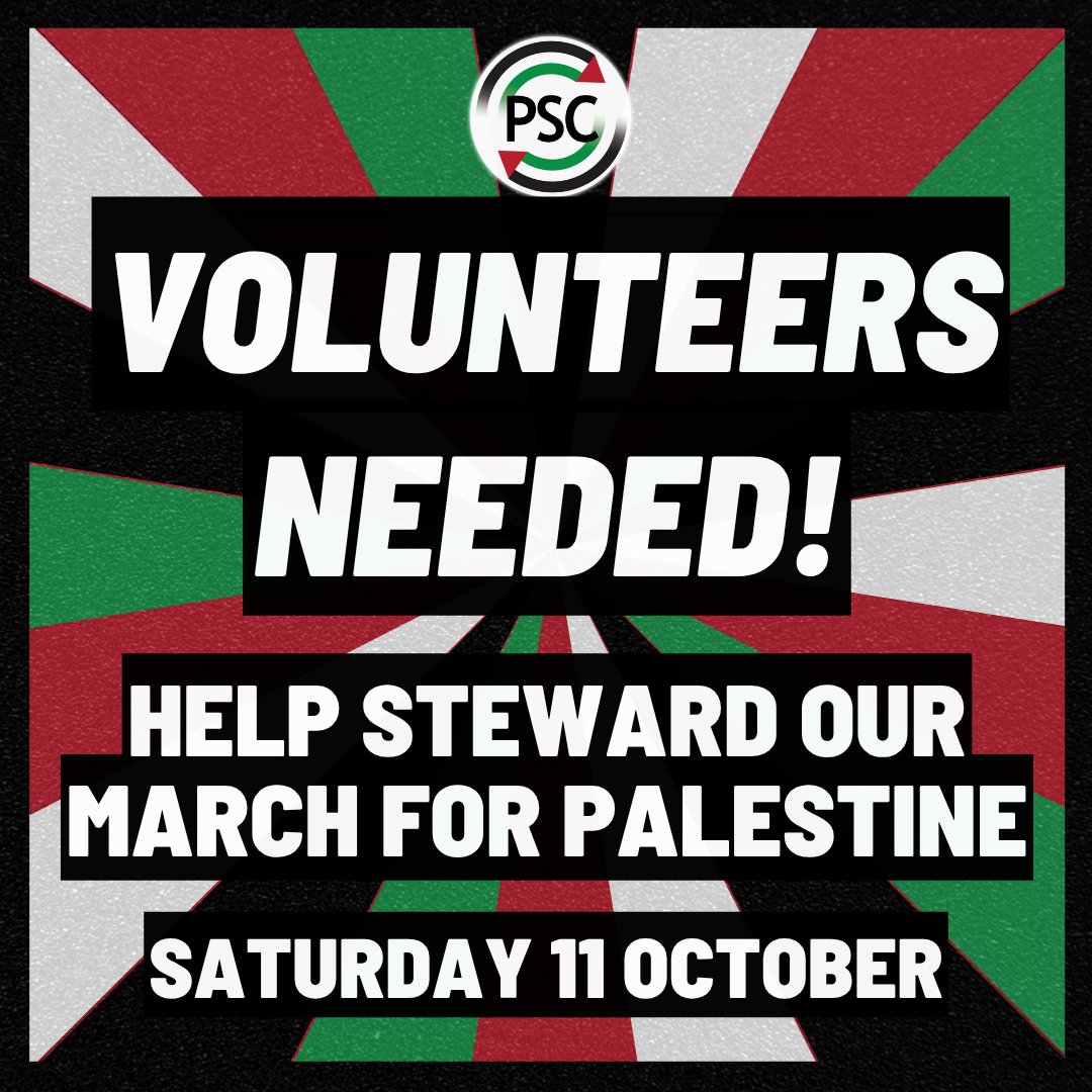 PSCupdates's tweet image. 📣 We're marching for Palestine again on 11 October, and we need YOU to help us make it happen! 

Please head to the link in our bio to sign up to be a steward at our march on 11 October. 🇵🇸

Sign up here: palestinecampaign.org/stewarding-sig…