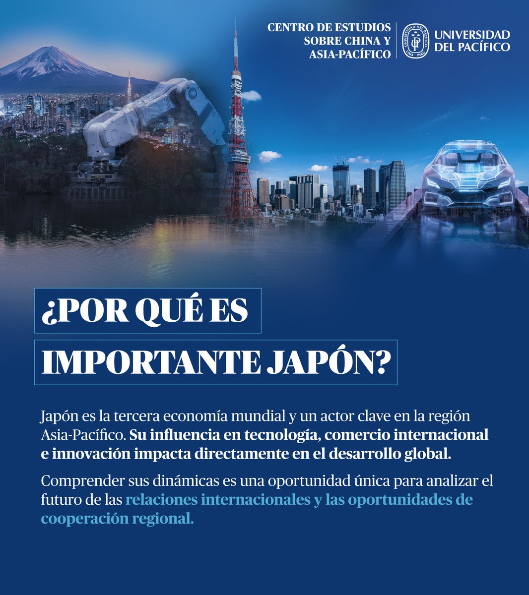 Cechap_Up's tweet image. 🇯🇵 "Japón: actualidad y futuro. Economía, política y relaciones internacionales".
Acompáñanos a analizar las tendencias de la tercera economía mundial y su impacto en Asia-Pacífico junto a expertos internacionales.
📅 13 oct | 8:30 a.m.
📍 bit.ly/3KP9Oge
#EventosCECHAP