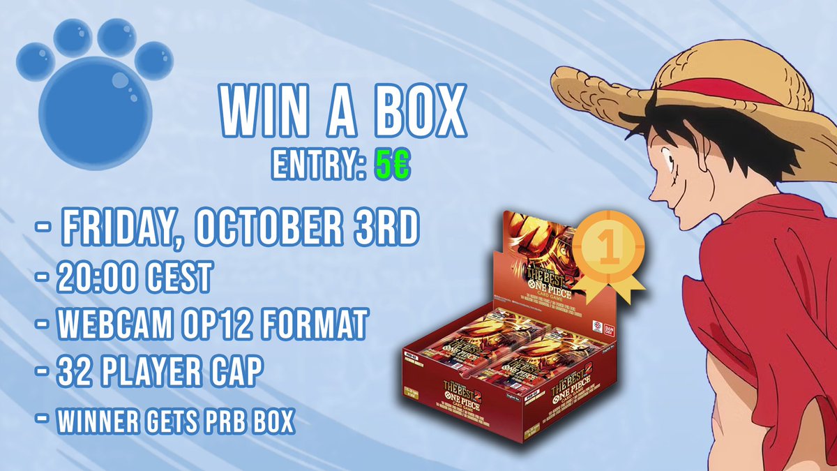 For anyone missing the Online Tournament Experience or just bored on a Friday Evening, come join us for our first Sabaody Tournament open to the Public!

Friday Oct 3rd, OP12 Format, Webcam. 
More details down below on the Limitless link! ⬇️⬇️