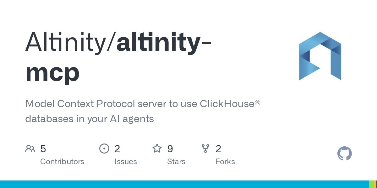AltinityDB's tweet image. 🤖 Can your #AI assistant talk to #ClickHouse®? Now it can.
Meet the Altinity #MCP server:
✅ STDIO/HTTP/SSE transports
✅ JWE + TLS security
✅ Schema + table discovery
✅ AI-powered query prompts
✅ Hot reload + flexible configs
👉 Give it a try: hubs.la/Q03K_QCm0