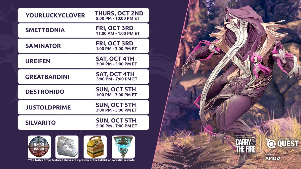 It’s nearly time for the first round of #QTCC 2025 streams!

Watch any of the #Warframe Creators below with a linked Twitch account to earn free Drops like a Universal Medallion and Bellow Voca. wrfr.me/4pWEoow