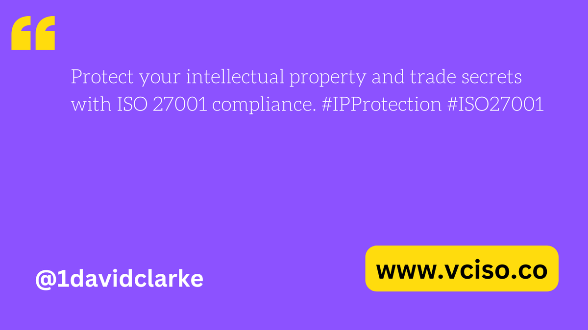 1DavidClarke's tweet image. Protect your intellectual property and sensitive business information with ISO 27001 compliance. #IPProtection #ISO27001
vciso.co