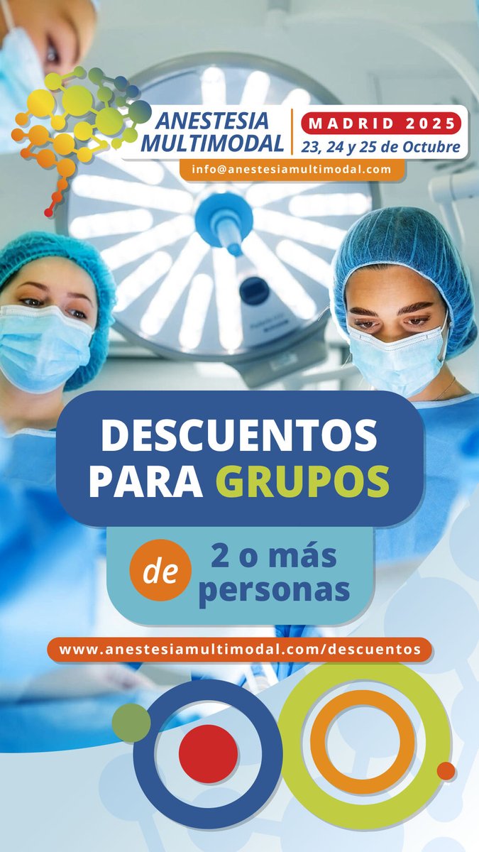 AnestesiaMulti's tweet photo. 🔔 ¡Ya puedes inscribirte a Anestesia Multimodal Madrid 2025!

💸 ¡Aprovecha los descuentos especiales para grupos y residentes! 👉 Más info en: https://t.co/g1UVbd05Qr

#AnestesiaMultimodal #Anestesiologia #EEGBootcamp #SafeBrainInitiative https://t.co/MES56BzUmT