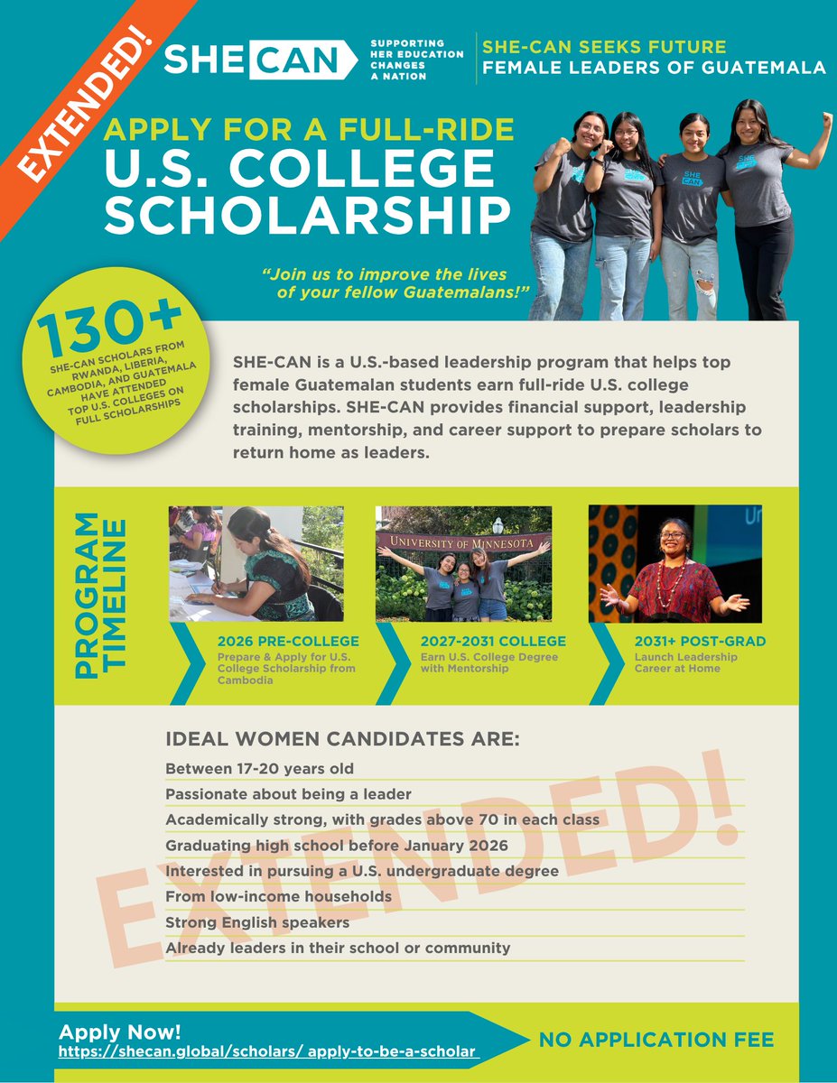SHECANGlobal's tweet photo. 📢Great news Guatemala! The application deadline to apply for a full U.S. college scholarship through SHE-CAN has been extended to October 15 — there's still time to start your leadership journey! https://t.co/dd5h7xwr1O