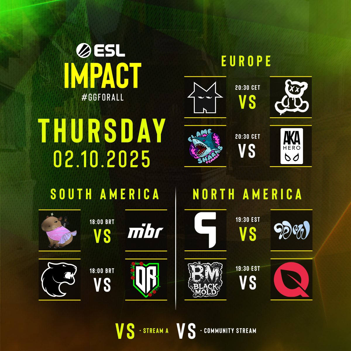 ESLImpact's tweet image. Tonight's matches are set and all 12 teams are ready for action 🔥
See you at 20:00 CET 🫡
#ESLImpact