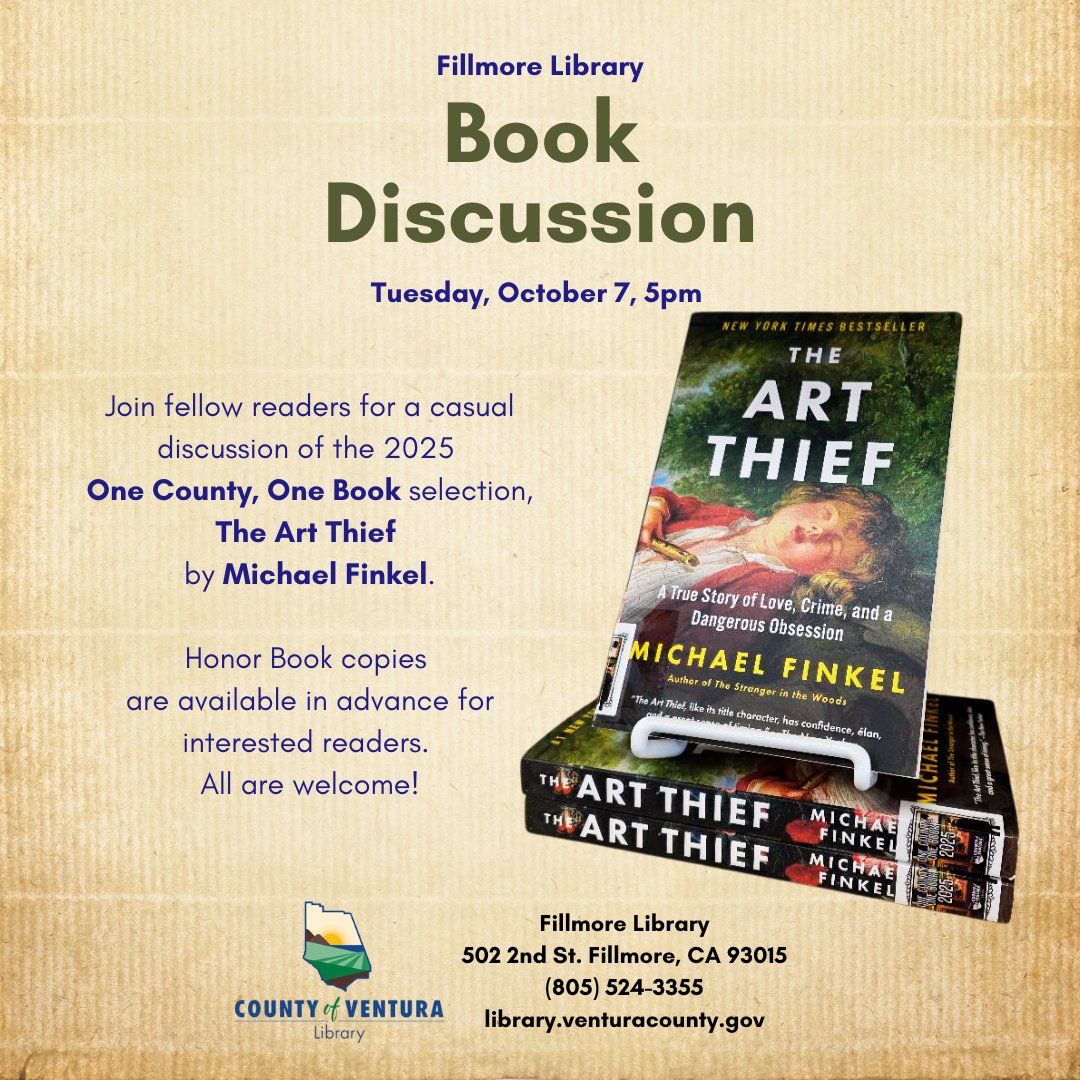 vencolibrary's tweet photo. Join fellow readers for a casual discussion of the 2025 One County, One Book selection, The Art Thief by Michael Finkle. Honor Book copies are available in advance for interested readers. All are welcome!
#onecountyonebook #fillmorelibrary #bookdiscussion https://t.co/R7ueme6sqJ
