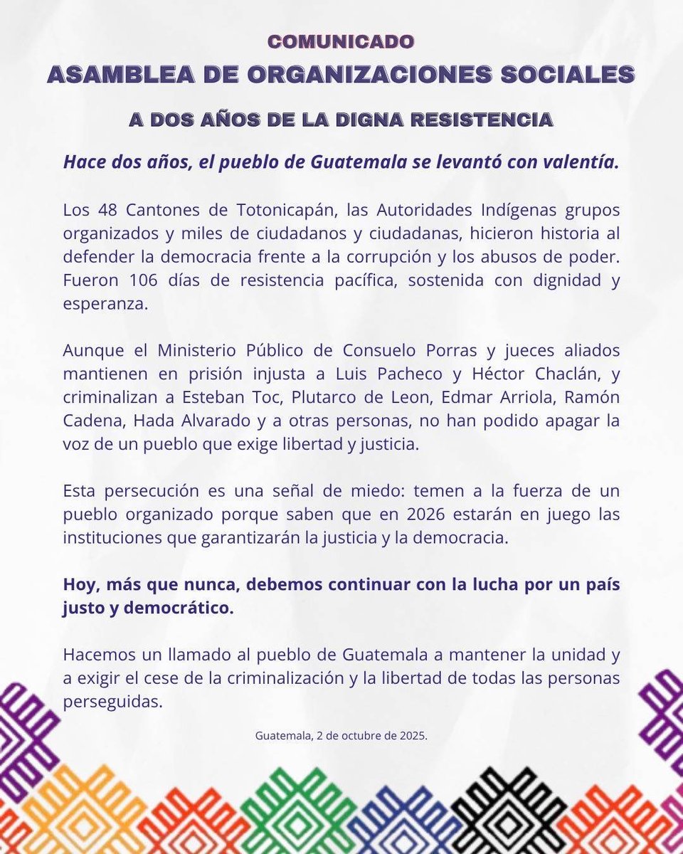 Asamblea de Organizaciones Sociales publica comunicado conmemorando dos años de defensa de la democracia.