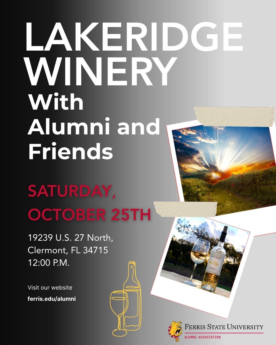 Sip, relax &amp; reconnect! 🍷🐾 
Join Ferris State Alumni at Lakeridge Winery Oct. 25 for wine tours, live music &amp; Bulldog spirit. Free admission—bring a chair &amp; enjoy the day! 

Register at ferris.edu/alumni ❤️
#FERR1S #BulldogForLife #FerrisForward