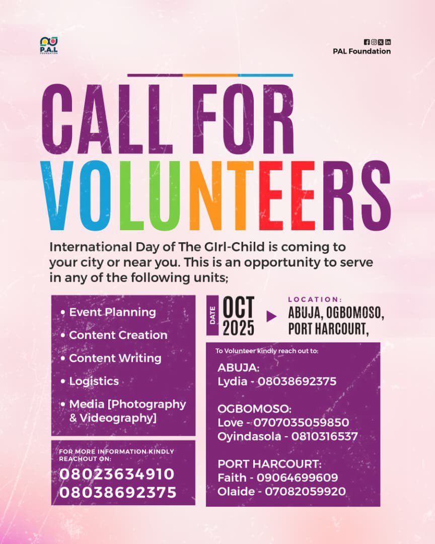 palfoundationng's tweet image. International day of the girl child is coming to a city near you😍 #girlchild #idftgc #idftgc2025 #abuja #portharcourt #ogbomoso