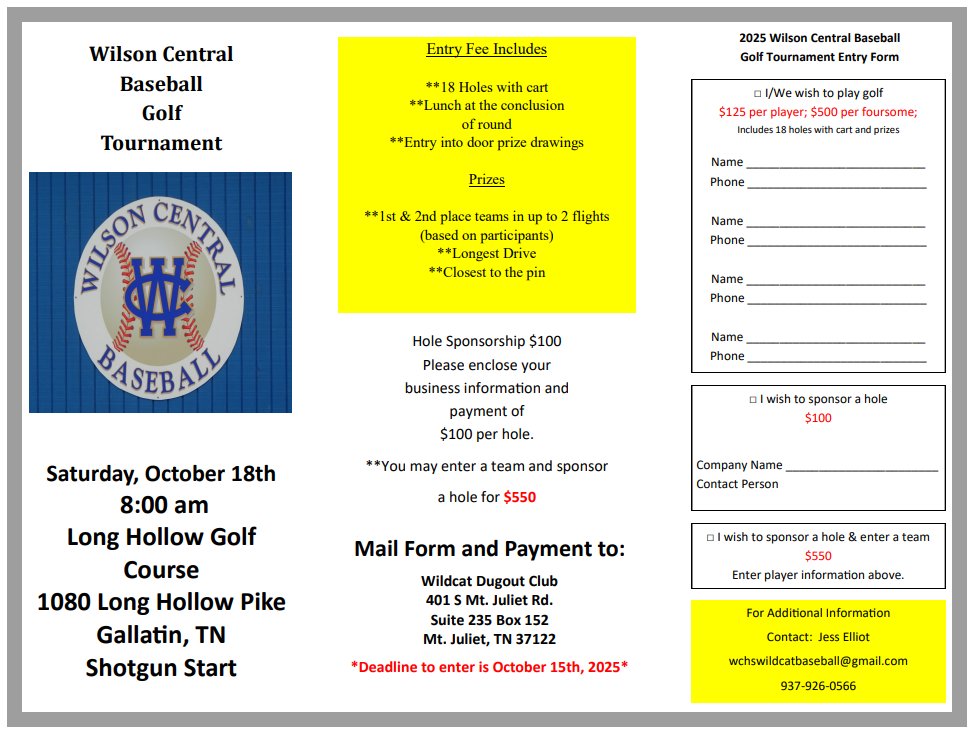 Baseball_WCHS's tweet photo. Our annual Wilson Central Baseball Golf Scramble is right around the corner! Come out for a great morning of golf and an awesome opportunity to support WC Baseball! @wcsn16 @wildcatsports247 @WilsonCentralHS 
     2025 WC Golf Scramble
📍Long Hollow Golf Course
⏰8:00 AM https://t.co/Uh5fpfH3JI