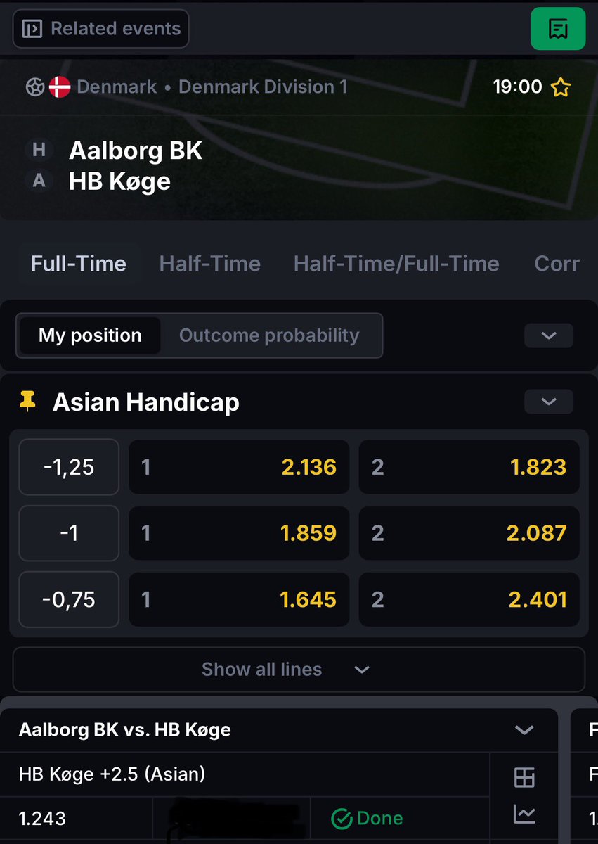 the4caster's tweet image. 📍 Aalborg BK vs HB Køge  
Bet: HB Køge +2.5 Asian Handicap @ 1.24  
Not a busy day, but still a value spot worth backing.  
Check out the full details in the chart below 👇
#ValueBetting #SharpPick #Transparency