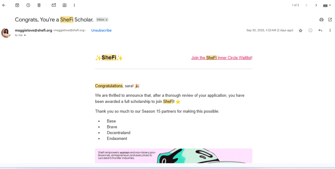 ox0sara's tweet image. 🎉 Excited to join #SheFiSeason15 as a SheFi Scholar!

Ready to dive into Web3, connect with amazing women &amp;amp; share my journey.

The future is feminine ✨ Thank you @shefiorg for this opportunity! 🚀

#SheFi #Web3 #SheFiScholar