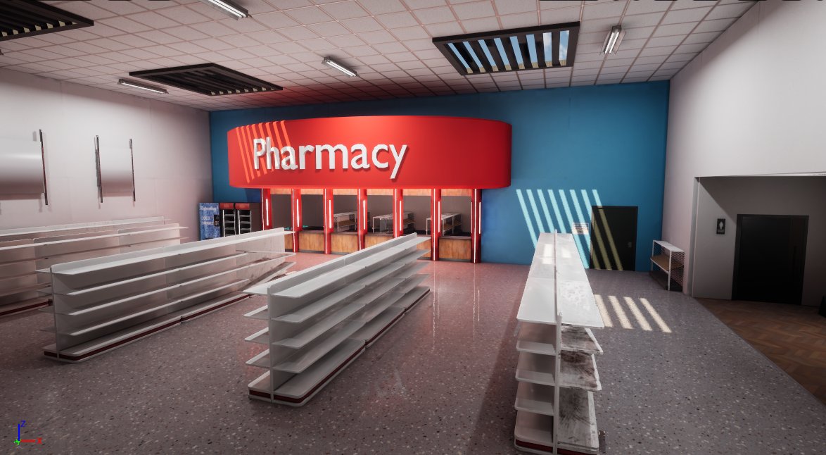 tpelham42's tweet photo. More progress on the pharmacy level for #packgamesim #ue5 #indiedev #solodev #gamedev #leveldesign #wip #screenshotsaturday https://t.co/y6o9fRFSBY