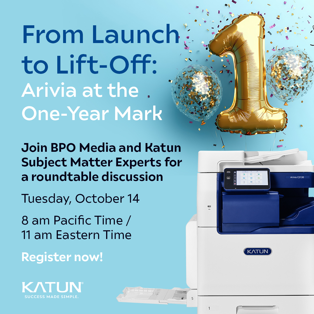 katun's tweet photo. Don’t miss this! On October 14th, #Katun is teaming up with BPO Media and The Imaging Channel for a special roundtable on #Arivia MFPs. It’s been one year since launch—and we’ve got plenty to share. Register today: https://t.co/mSKcUFAuN3 https://t.co/4fXPG8uMRs