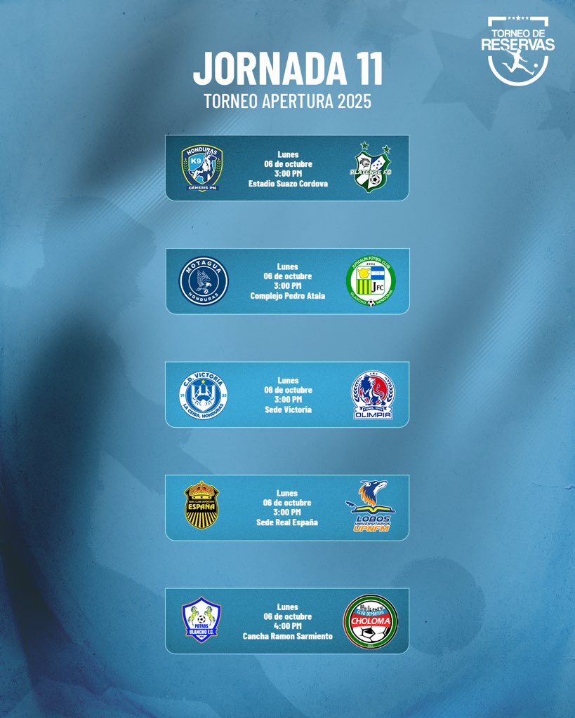 ¡JORNADA 11 RESERVAS! 👦🏻⚽️

Los juegos de la #Jornada11 del #TorneoApertura 2025-2026 del #TorneoDeReservas con los horarios oficiales.