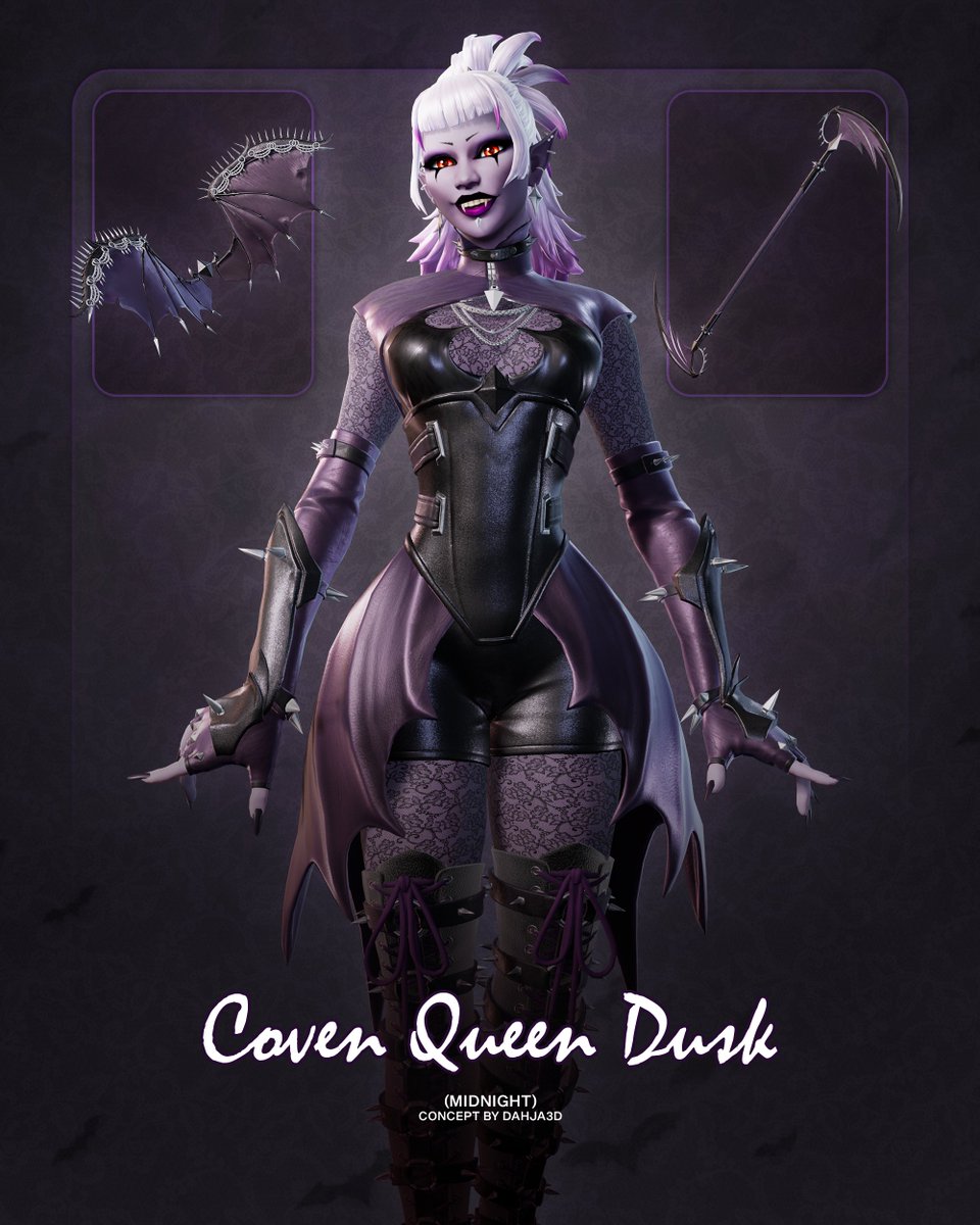 Dahja3D's tweet image. The Coven Queen herself, Dusk. 🧛‍♀️🦇

What if Dusk had gotten the OG pass slot? 👀

Designed by me! #Fortnite #FortniteArt #FortniteConcept #FortniteOG