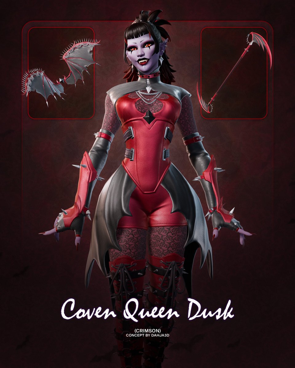 Dahja3D's tweet image. The Coven Queen herself, Dusk. 🧛‍♀️🦇

What if Dusk had gotten the OG pass slot? 👀

Designed by me! #Fortnite #FortniteArt #FortniteConcept #FortniteOG