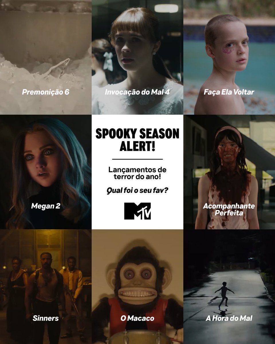 MTVBrasil's tweet photo. A temporada de jumpscares começou! 😱 Qual desses filmes foi o seu fav desse ano? 🪦🍿
#MTVCine #Premonição6 #InvocaçãoDoMal4 #FaçaElaVoltar #Megan2 #AcompanhantePerfeita #Pecadores #OMacaco #AHoraDoMal https://t.co/kURkM8ZP9Y