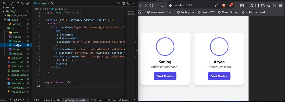 Sanjogshar49's tweet photo. ๐ Day_5 React Learning โ
๐นLearned Tailwind CSS basics (setup, testing, and classes)
๐นExplored React Props to pass data between components and built a Card component with image, name & address props ๐ฉ
#LUD3 #LearningUtsav2025 #ReactJS #FestivalOfLearning https://t.co/L2IeMjeCbh