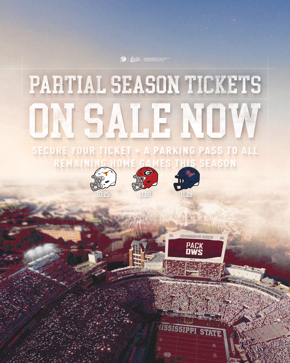 Mississippi State Athletics (@hailstate) on Twitter photo Partial season tickets ๐๐ ๐๐ผ๐๐ ๐๐๐ โผ๏ธ
Get your seat and a parking pass to each of our remaining home games.
๐๐จ๐ฌ ๐๐๐ฅ๐๐ฌ. ๐๐ฅ๐๐ก๐ ๐ฌ๐ข๐จ๐ฅ ๐๐ข๐ช๐๐๐๐. ๐ฃ๐๐๐ ๐๐๐ฉ๐๐ฆ ๐ช๐๐๐.
๐๏ธ: hailst.at/4gRIU3r
#HailState | <a href="/HailStateFB/">Mississippi State Football</a> Partial season tickets ๐๐ ๐๐ผ๐๐ ๐๐๐ โผ๏ธ
Get your seat and a parking pass to each of our remaining home games.
๐๐จ๐ฌ ๐๐๐ฅ๐๐ฌ. ๐๐ฅ๐๐ก๐ ๐ฌ๐ข๐จ๐ฅ ๐๐ข๐ช๐๐๐๐. ๐ฃ๐๐๐ ๐๐๐ฉ๐๐ฆ ๐ช๐๐๐.
๐๏ธ: hailst.at/4gRIU3r
#HailState | <a href="/HailStateFB/">Mississippi State Football</a>