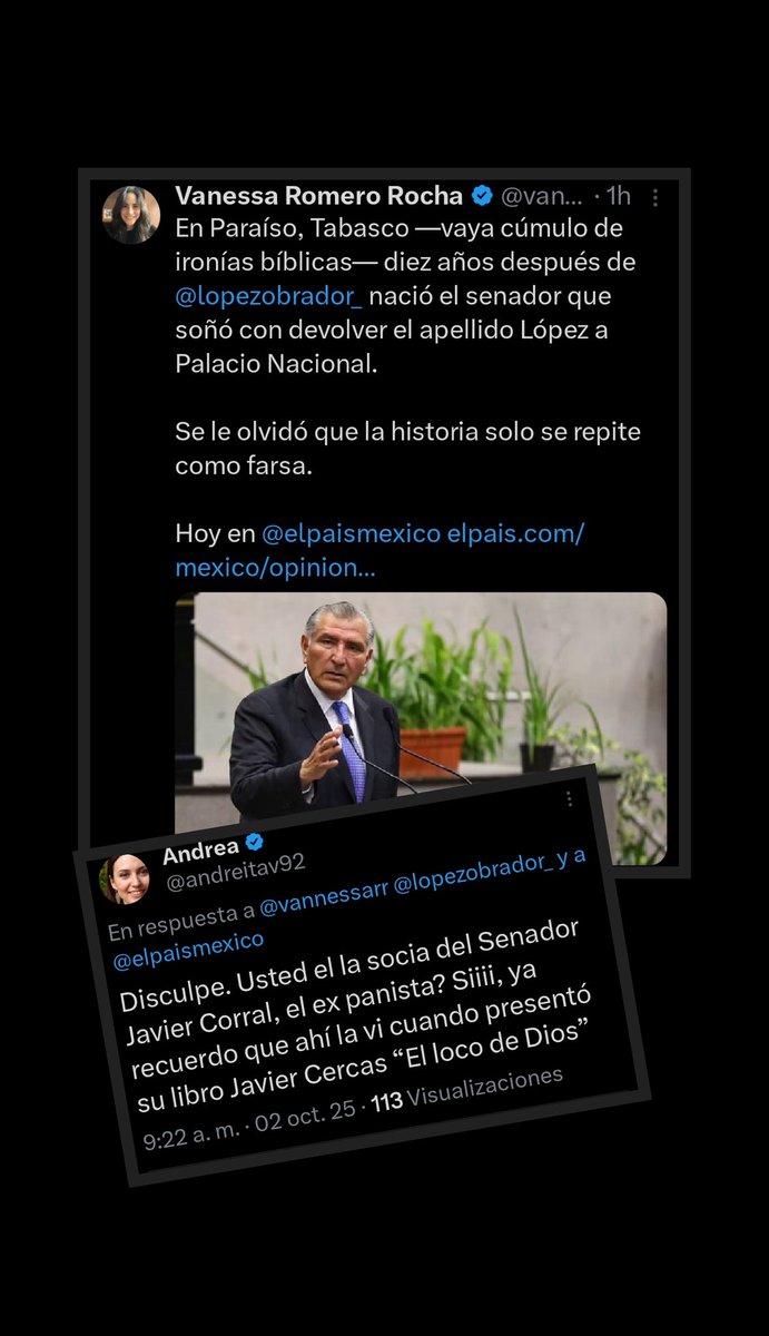 Qué buena pregunta de <a href="/andreitav92/">Andrea</a>. Y por si no la ha visto <a href="/vannessarr/">Vanessa Romero Rocha</a>, se la transmito:
Oiga, Vanessa Romero Rocha, ¿acaso usted no es socia del senador <a href="/Javier_Corral/">Javier Corral Jurado</a>, el “expanista”?

Golpeando a <a href="/adan_augusto/">Adán Augusto López H</a>… ¿fuego amigo?